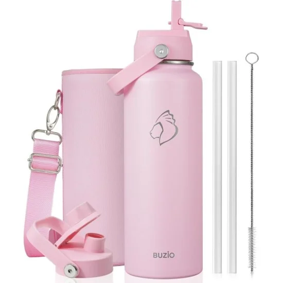 Buzio Duet Series Water Bottle with 2 Lids and Sleeve 1.2L - Pink